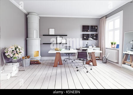 Moderne Zimmer mit klassischen schwedischen Herd, Tisch und Sesseln. 3D Rendering Stockfoto