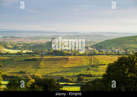 Corfe Castle, Dorset, Großbritannien. 10. September 2017. UK Wetter. Blick auf das Dorf und die Burgruine Corfe Castle in Dorset aus dem Dorf von Kingston an einem sonnigen Morgen mit Verdickung in der Cloud. Photo Credit: Graham Jagd-/Alamy leben Nachrichten Stockfoto