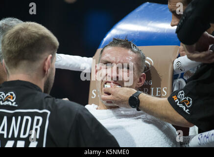 Berlin, Deutschland. 9 Sep, 2017. Alexander Usyk (Ukraine) gewinnt gegen Huck (Deutschland) während der World Boxing Super Serie light Mitte Gewicht Kampf an der Max-Schmeling-Halle in Berlin, Deutschland, 9. September 2017. Foto: Soeren Stache/dpa/Alamy leben Nachrichten Stockfoto