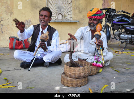 Jaipur, Indien - Mar 7,2012. Schlangenbeschwörer an der Straße von Jaipur, Indien. Schlangenbeschwörer die vorgibt eine Schlange durch das Spielen eines Instruments cal zu hypnotisieren Stockfoto