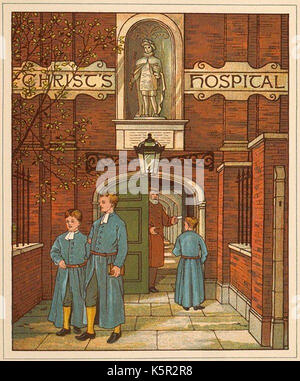 Eine Farbe Abbildung aus dem Buch eines viktorianischen Kindern, der Eingang zum Blue Coat School (Christ's Hospital), Newgate Street, London, ein Pförtner und Jungen in Uniform gekleidet. Stockfoto