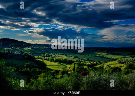 Typische tuscanian Landschaft mit einem Bauernhaus auf einem Hügel, von Weinbergen und Olivenhainen Stockfoto