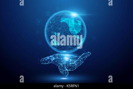 Drahtmodell ein Globus Karte mit sozialen Symbolen auf Handzeichen mesh von einem Sternenhimmel auf blauem Hintergrund Stock Vektor