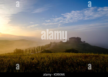 Typische tuscanian Landschaft mit dem Bauernhaus Podere Le Volpaie auf einem Hügel mit Morgennebel bei Sonnenaufgang im Val di Cecina Stockfoto