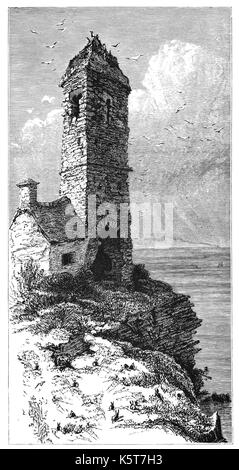 1870: eine Kirche, Turm, Teil eines Klosters aus dem 12. Jahrhundert auf papageitaucher Island, eine unbewohnte Insel vor der östlichen Spitze von Anglesey, Nordwales. Es wurde früher als Priestholm in Englisch und Walisisch Ynys Lannog bekannt. Stockfoto