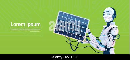 Moderne Roboter Laden aus Solarmodul Akku, futuristische Künstliche Intelligenz Mechanismus Technologie Stock Vektor