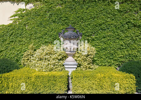 Statue und Klettern Weinpflanze auf eine Wand an der Vrtba Garten (Vrtbovská zahrada) in Prag, Tschechische Republik, gesehen von der Vorderseite an einem sonnigen Tag. Stockfoto