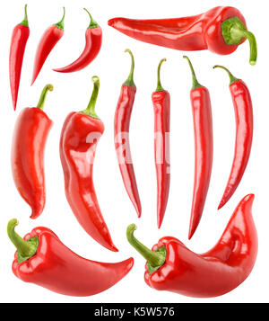 Isolierte peppers Sammlung. Verschiedene red hot chili peppers auf weißem Hintergrund mit Freistellungspfad isoliert Stockfoto