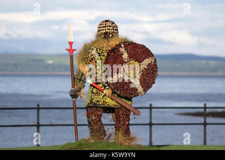 Sempervivums Viking Skulptur Largs, Schottland, die jährlichen Viking Festival der Schlacht von Largs vom 2. Oktober 1263 zu gedenken. Die Schlacht erinnert in Largs durch einen frühen 20. Jahrhunderts, Denkmal, und Festlichkeiten an der Küste gehalten, jährlich seit den 1980er Jahren. In der Nähe von Largs liegt die Insel Cumbrae, nur eine Meile von der Küste. Stockfoto