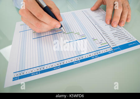 Close-up ein Geschäftsmann mit Stift Arbeiten auf Gantt-diagramm Stockfoto