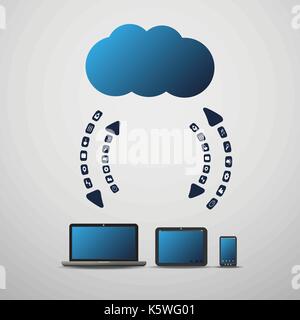 Abstrakte farbenfrohe globales Netzwerk oder Cloud Computing Konzept Design mit mobilen Geräten, Laptop-PC in der Mitte und Symbole für Daten und Dienste Stock Vektor