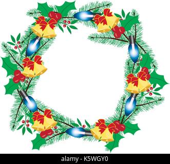 Vector Illustration von Weihnachten Kranz mit Lichtern und Stechpalme Beeren Stock Vektor