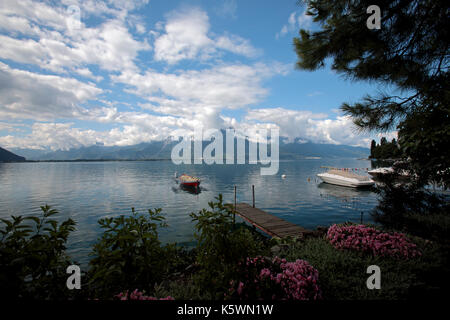 Ruderboote und kleinen Yachten in einer ruhigen und friedlichen Genfer See im Sommer. Mit dem Alp Berge im Hintergrund und bunten Blumen Stockfoto