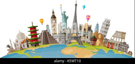 Reisen, Reise Konzept. Berühmte Bauwerke der Welt. Vector Illustration Stock Vektor