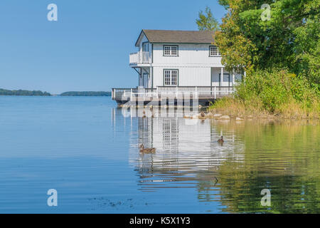 Enten schwimmen in der Nähe der alten Bootshaus an der Stephen Leacock (1869-1944) Sommer Home Unterkunft in der Nähe von Ontario, Kanada Orillia. Stockfoto