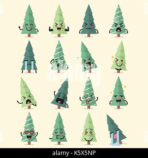 Weihnachtsbaum Charakter emoji eingestellt. Lustige cartoon Emoticons Stock Vektor