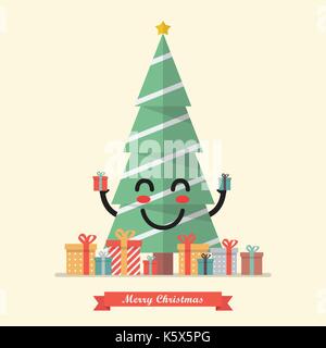 Frohe Weihnachten mit Happy Christmas tree Charakter. Vector Illustration Stock Vektor