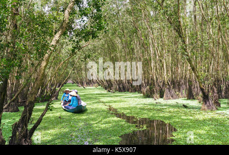 Der Fährmann bringt Reisende auf einer Bootstour entlang der Kanäle im Mangrovenwald. Es ist ein Eco Tourismus Bereich am Mekong Delta Stockfoto