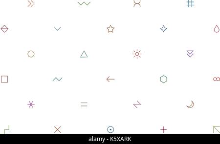 Geometrische Muster mit verschiedenen einfachen Zeichen in dünnen Stil. Leichte weiße horizontale Hintergrund. Gelb, Orange, Rot, Braun, Grün, Blau, Purpurrot, Viole Stock Vektor