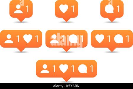 Wie, folgen, Kommentar Symbole im flachen Stil. Orange Benachrichtigung Tooltip mit Herz, Benutzer, Sprechblase, Zähler und Schatten auf weißem Hintergrund. 02 Stock Vektor