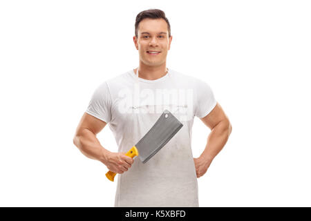 Metzger Holding ein Cleaver auf weißem Hintergrund Stockfoto