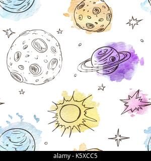 Vektor Hand gezeichnet nahtlose Muster mit Planeten und Sternen auf weißem Hintergrund Stock Vektor