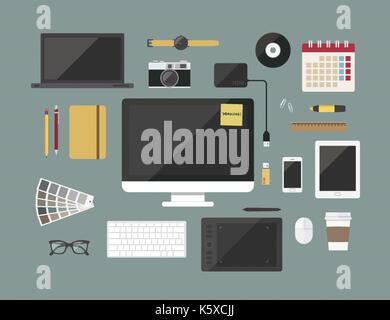 Grafik Designer Gegenstände und Werkzeuge, flaches Design Stil Stock Vektor