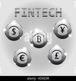 Fintech chrom Münzen, bitcoin crytocurrencies, Dollar, Yen, Euro, Pfund, die in der Technologie Innovation, Banking und Investment. Stock Vektor