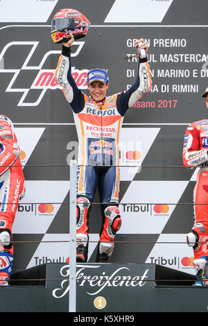 93 MARC MARQUEZ (Spanien), HRC Repsol Honda Team, Honda RC 213 V Maschine, Gran Premio Tribul Mastercard di San Marino e della Riviera di Rimini, Podium Platz 1 und Sieger der MotoGP Rennen auf dem Marco Simoncelli World Circuit für die 13. Runde der MotoGP-Weltmeisterschaft, die vom 8. bis 10. September 2017 in Misano Adriatico (RSM) Stockfoto