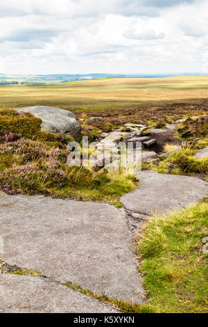 Blick von stanage Edge Derbyshire. Suchen von den Felsen im Vordergrund auf dem Moor- und dann auf den bewölkten Himmel. Stockfoto
