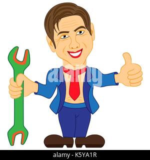 Klempner Mann hält in der Hand einen großen Schraubenschlüssel, Farbe cartoon Vector Illustration Stock Vektor