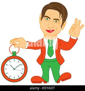 Gentleman hält eine Uhr in der Hand und Sterben ein Zeichen Okay, konzeptionelle Farbe cartoon Vector Illustration Stock Vektor