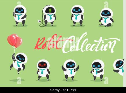 Zeichensatz Roboter. Zeichen cartoon im flachen Stil mit verschiedenen Aufgaben, Gesten. Stock Vektor