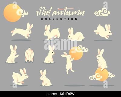Satz der glückliche Kaninchen Illustration. Mid-Autumn Festival. Stock Vektor