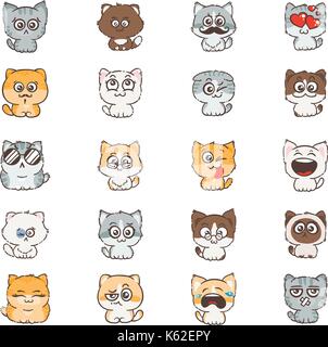 Cute Cartoon, Katzen und Hunde mit unterschiedlichen Emotionen. Aufkleber Sammlung. Vektor einrichten von Doodle Emoji und Emoticons. Stock Vektor