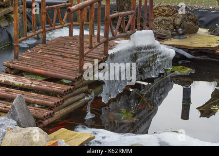 Eiszapfen hängen von einer Brücke über einen zugefrorenen See. Stockfoto