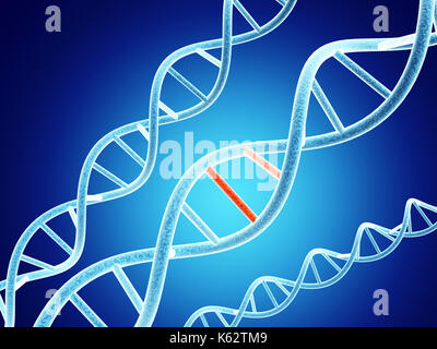 Digitale Modelle der DNA-Struktur mit Problem Element auf abstrakten blauen Hintergrund. 3D-Rendering Stockfoto