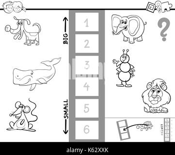 Schwarze und Weiße Cartoon Abbildung: Lernspiel, das größte und das kleinste Tier Malbuch Stock Vektor