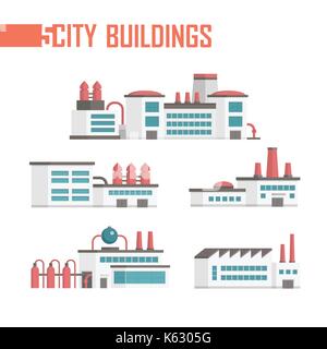 Stadt fünf industrielle Gebäude von Icons Set-Vector Illustration auf weißem Hintergrund. Pflanzen, Fabriken, Wassertürme, Einrichtungen. Grau, Rot Stock Vektor