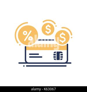 Kredit - moderne Vektor Single Line Design Symbol. Banking System anmelden, gelb Kreditkarte, Dollar, und der Prozentsatz, Interesse Symbol. Unternehmen, Finanzen, Pa Stock Vektor