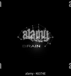 Weiß isolierten Linien und Punkten Gehirn, Vektorform, polygonal künstliche Intelligenz, Data base Logo auf Schwarz kosmischen Raum Hintergrund. Stock Vektor