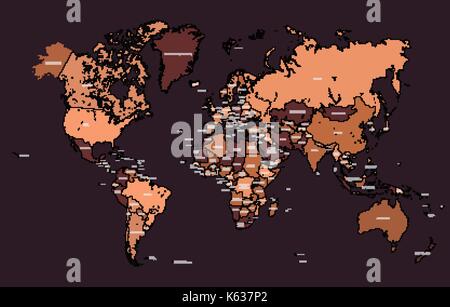 Stilisierte geometrische politische Karte der Welt mit den Grenzen der Staaten und die Namen der Länder und Inseln. Schönen Farben des Sonnenuntergangs. Stock Vektor