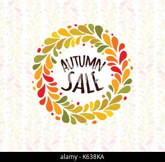 Herbst Laub Kranz Poster. Saisonale verkauf Label. Vector Illustration. Blätter kreisförmiges Ornament auf natürliche nahtlose Hintergrund. Stock Vektor