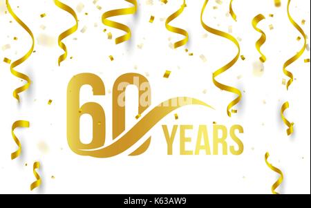 Goldene Farbe Nr. 60 mit Word jahre Symbol auf weißem Hintergrund mit fallenden Gold Konfetti und Farbbänder isoliert, 60. Geburtstag Jubiläum Gruß logo, Karte Element, Vector Illustration Stock Vektor