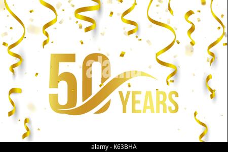 Isolierte goldene Farbe Nummer 50 mit Word jahre Symbol auf weißem Hintergrund mit fallenden Gold Konfetti und Bänder, 50. Geburtstag Jubiläum Gruß logo, Karte Element, Vector Illustration Stock Vektor