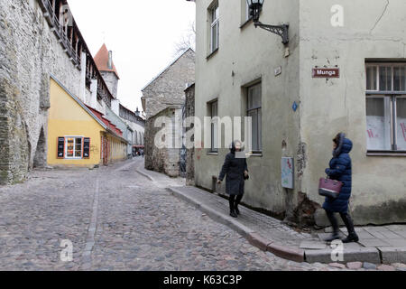 Straße mit Kopfsteinpflaster und Stadtmauer in der Altstadt Tallinn, Estland, Europa Stockfoto