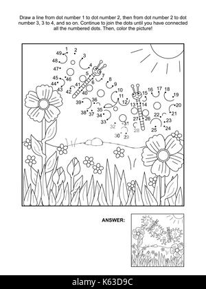 Schließen Sie die Punkte Bild Puzzle und Färbung, die im Frühling oder im Sommer Freude gestalteten, mit Schmetterlingen, Blumen, Gras. Antwort enthalten. Stock Vektor