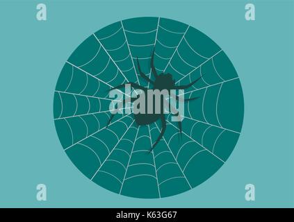 Schwarze Spinne auf einem Webserver auf einem hellen Türkis Hintergrund Stock Vektor