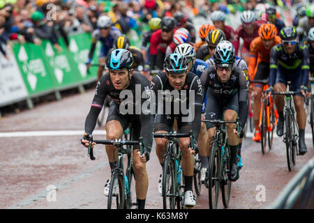 Cardiff, Wales, UK, 10. September 2017. Geraint Thomas führt das Team Himmel während der letzten Phase der OVO Energie Tour durch Großbritannien. Stockfoto