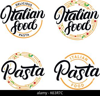 Satz von italienischem Essen und Pasta handschriftliche Schriftzug Logo, Etiketten, Abzeichen, Emblem. Moderne Kalligraphie. Spaghetti pasta Kreis. Vintage Retro Style. Isol Stock Vektor